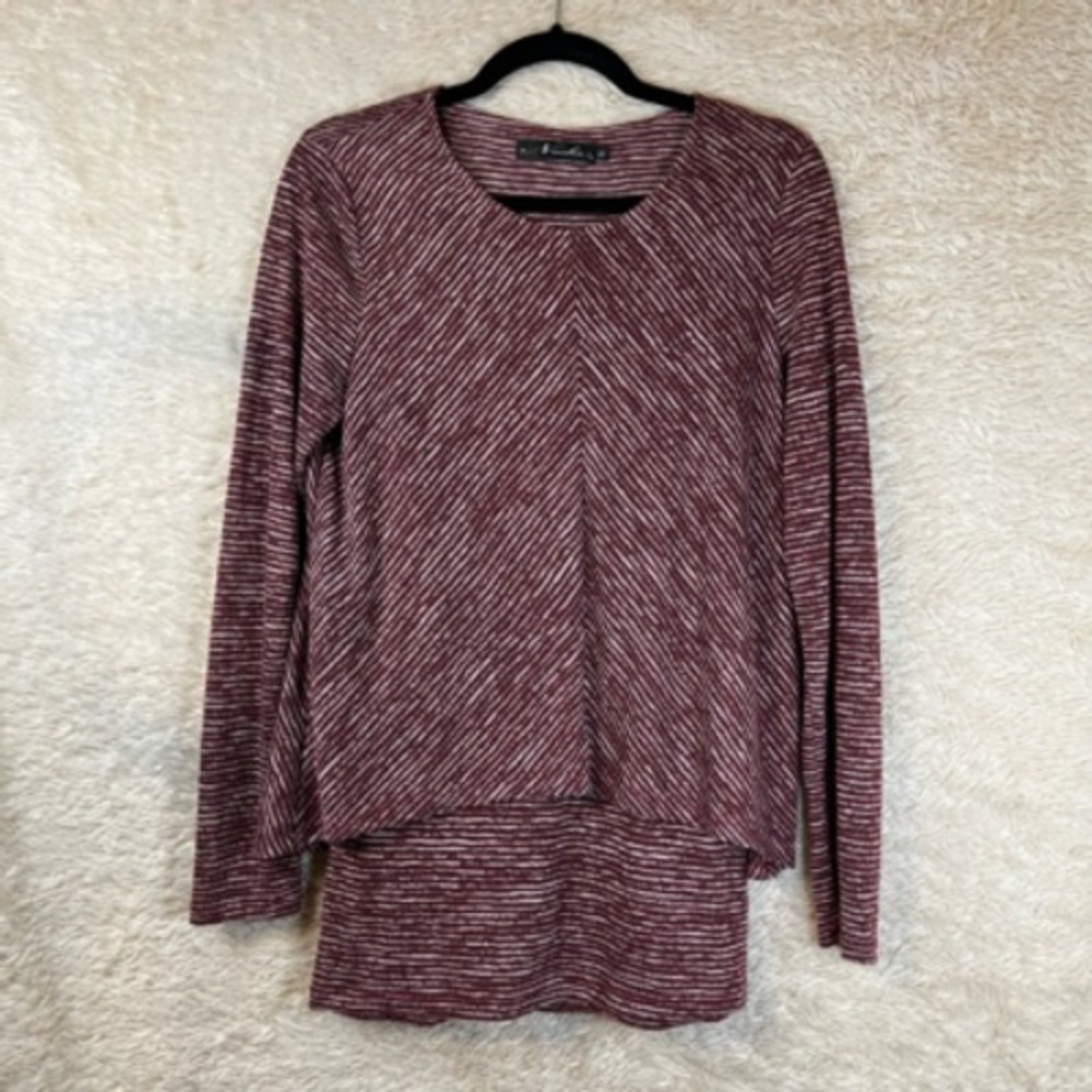 Neesha Womens Double Layered Tunic‎ Top Red Stripe Long Sleeve Scoop Stretch M